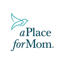 Teal outline of a bird above the text “a Place for Mom” on a white background.
