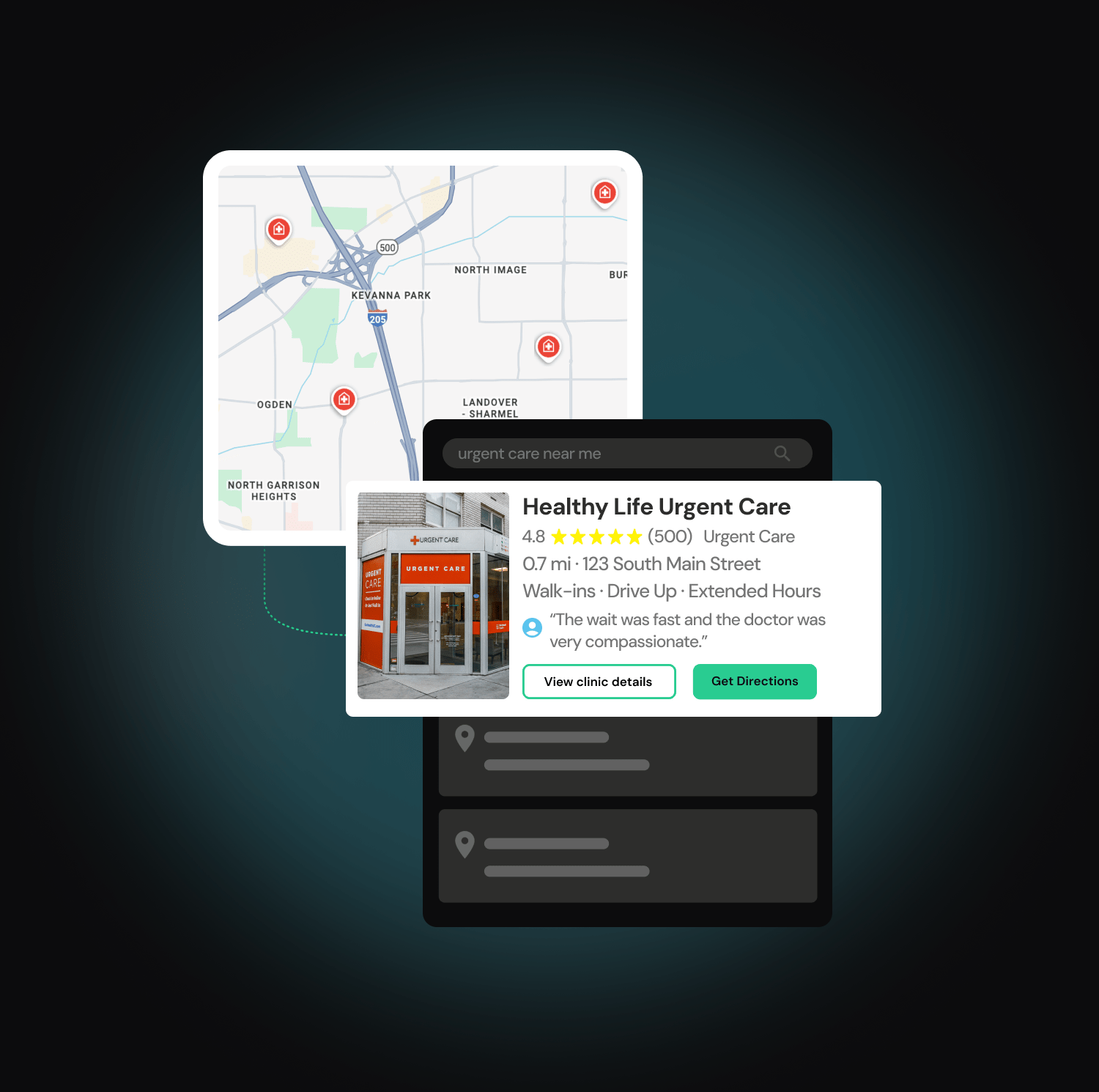 A map and search result for urgent care near me showing a clinic with details, rating, and directions.
