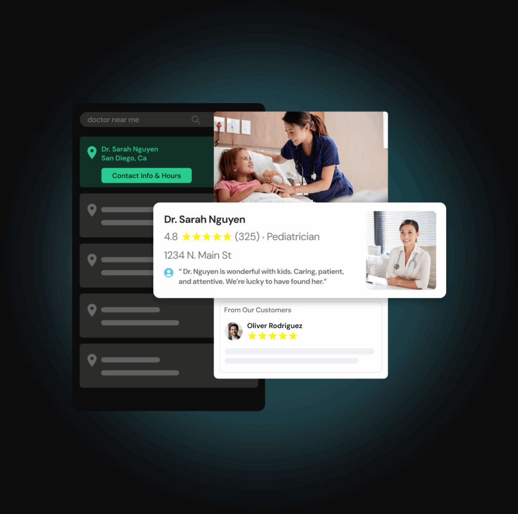 A doctor profile search result showing Dr. Sarah Nguyen, a pediatrician with high ratings and patient reviews.