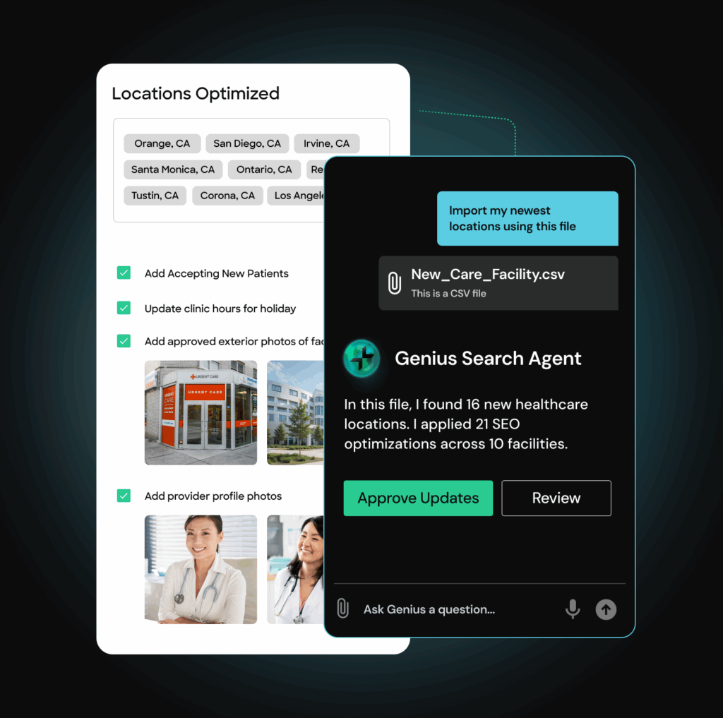 A healthcare SEO tool shows optimized locations and a chatbot suggesting updates using a CSV file.