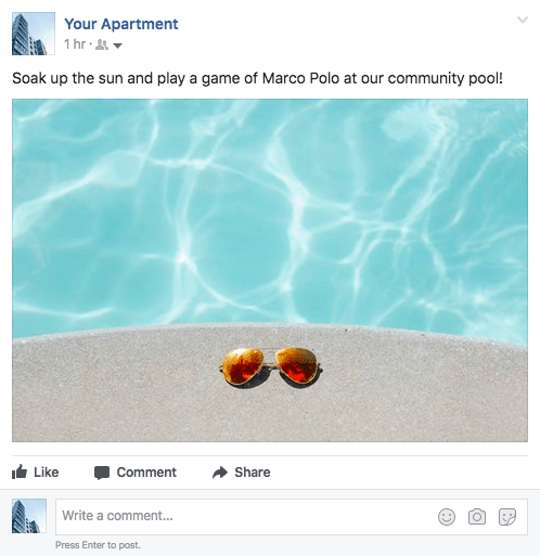 A social media post of a pair of sunglasses resting on the edge of a sunny pool.