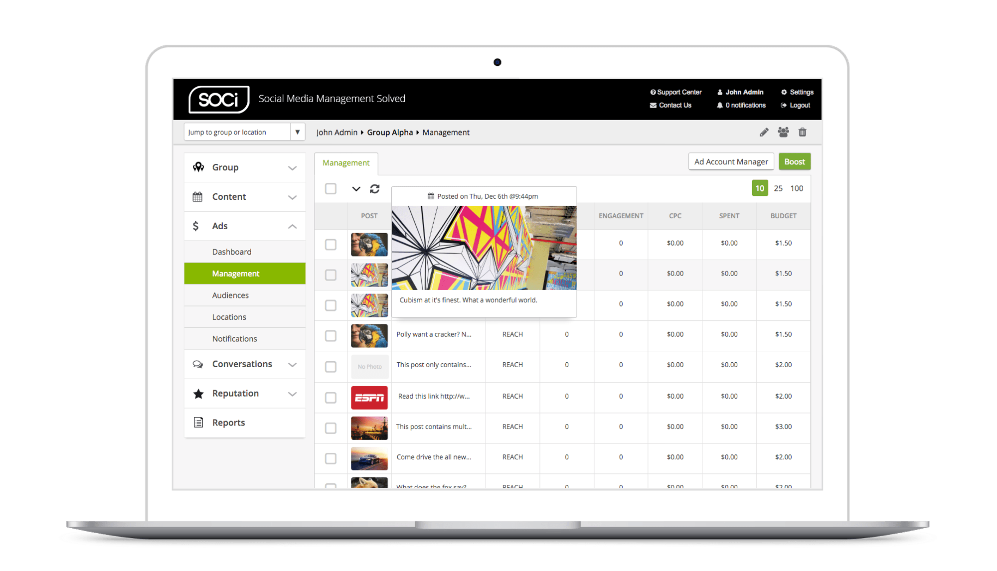 A laptop displays a social media management dashboard with posts and engagement metrics.