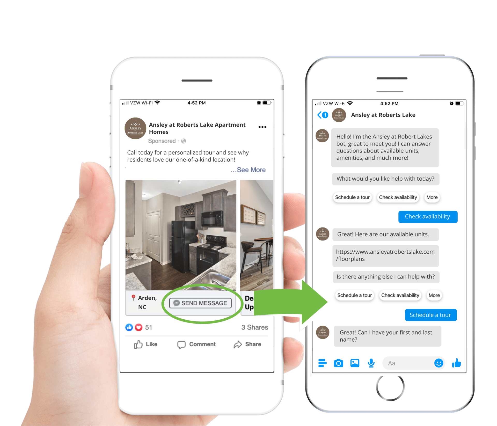 A white hand holding an iPhone with a facebook post and message. A second iPhone screen showing a conversation on SOCi's SmartBot