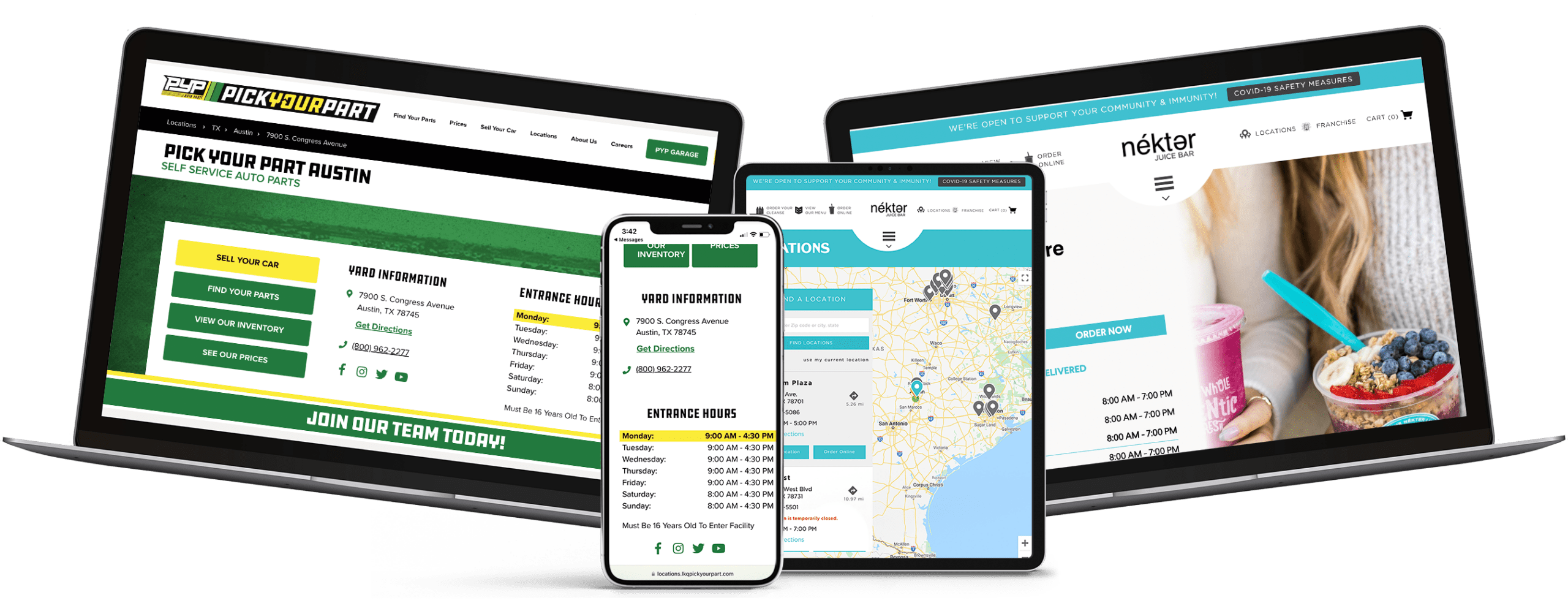 Two laptops, one showing a Hertz local page and the other showing Nekter Juice Bar's local page. Also an iPhone showing Hertz's locator page and a tablet showing Nekter's locator page