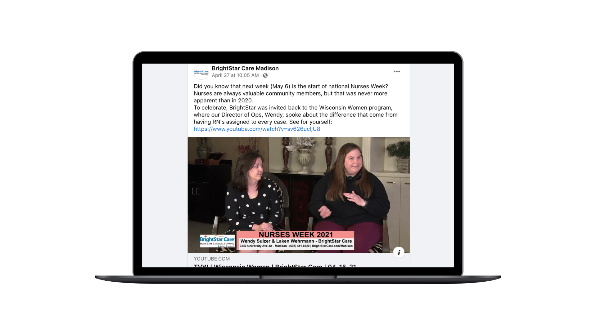 A laptop displaying a Facebook post about