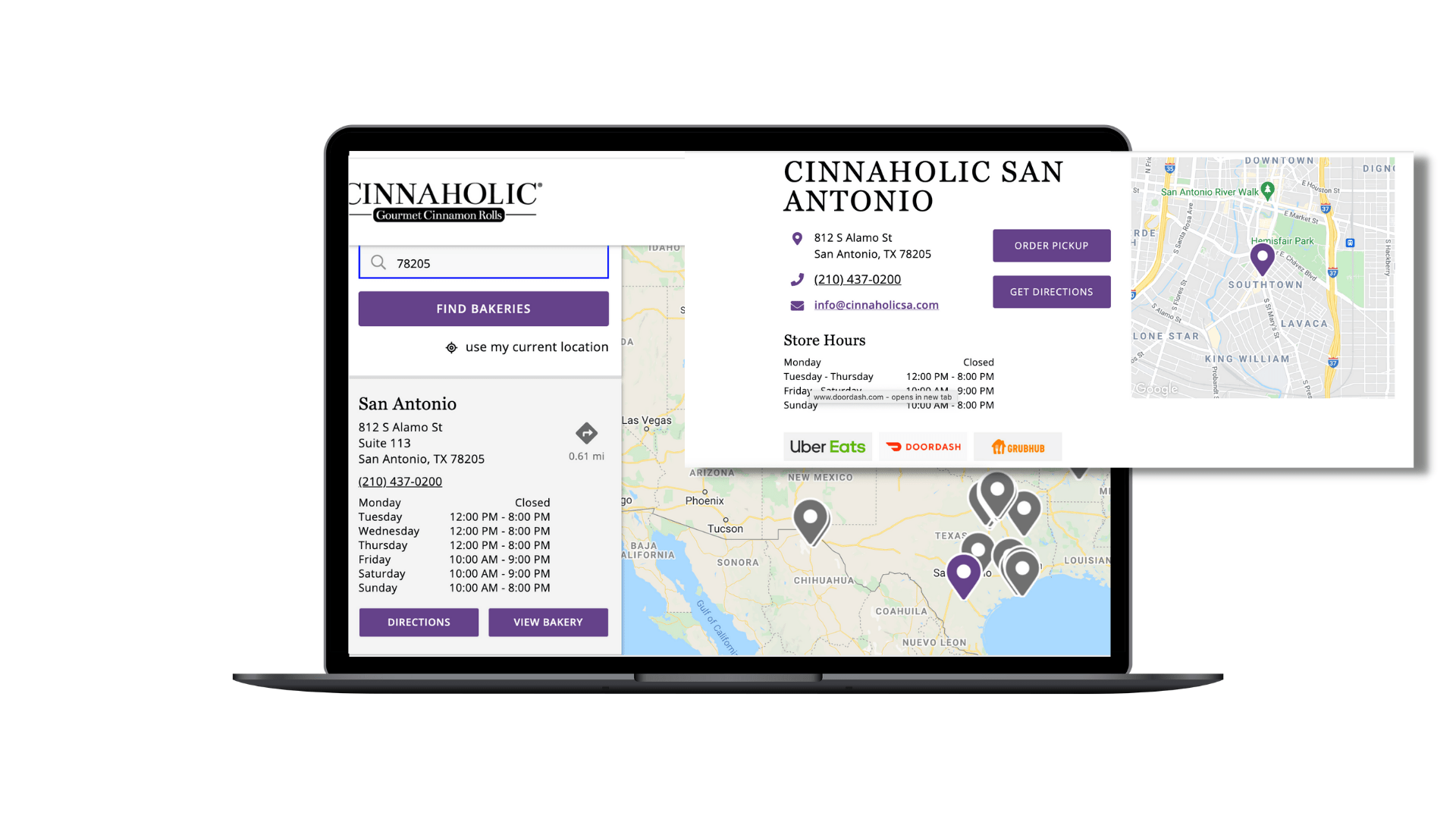 A laptop displaying the Cinnaholic San Antonio location page with a map, address, hours, and delivery options.