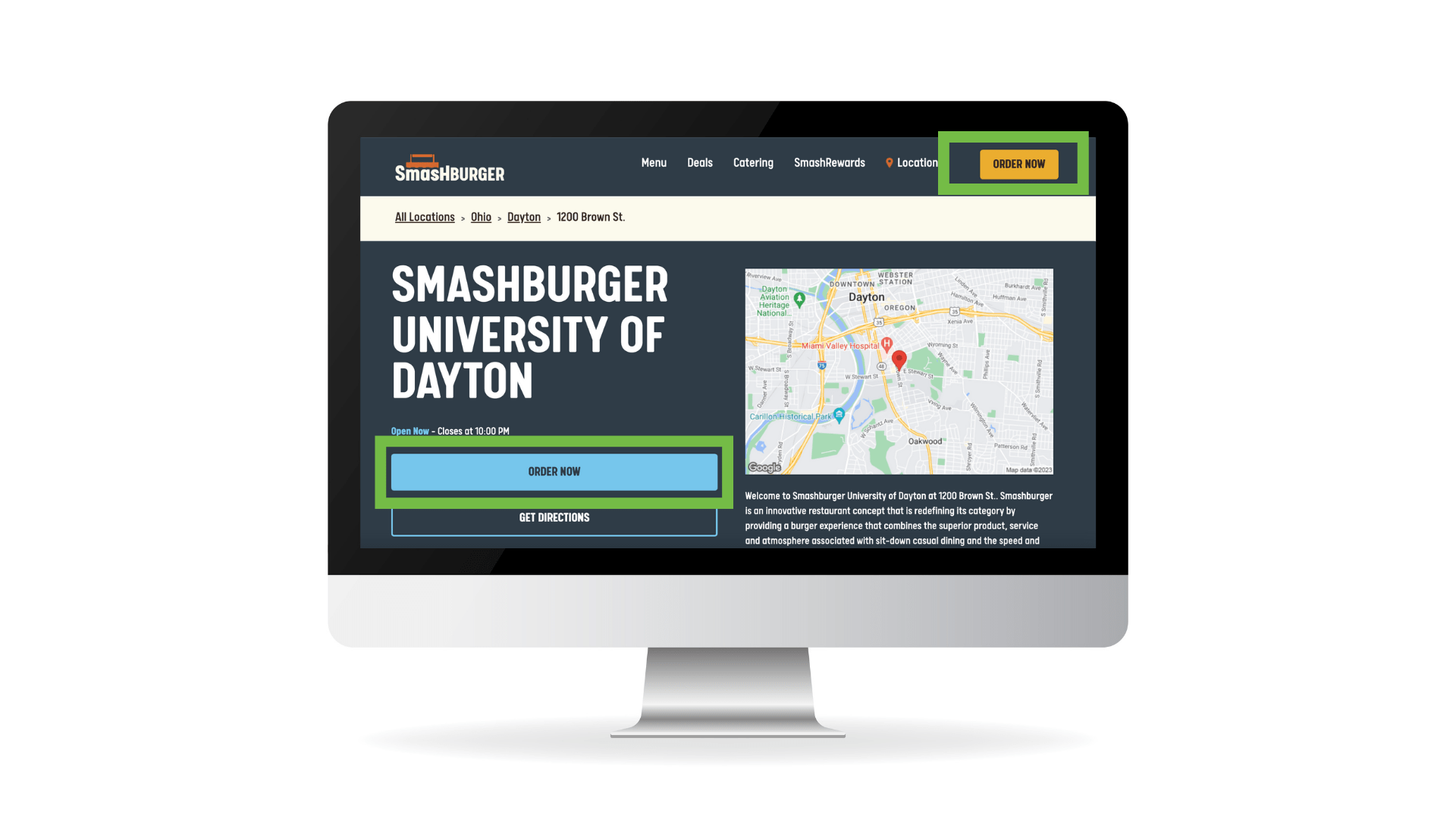 An image of a computer showing a local page for Smashburger and highlighting the CTA