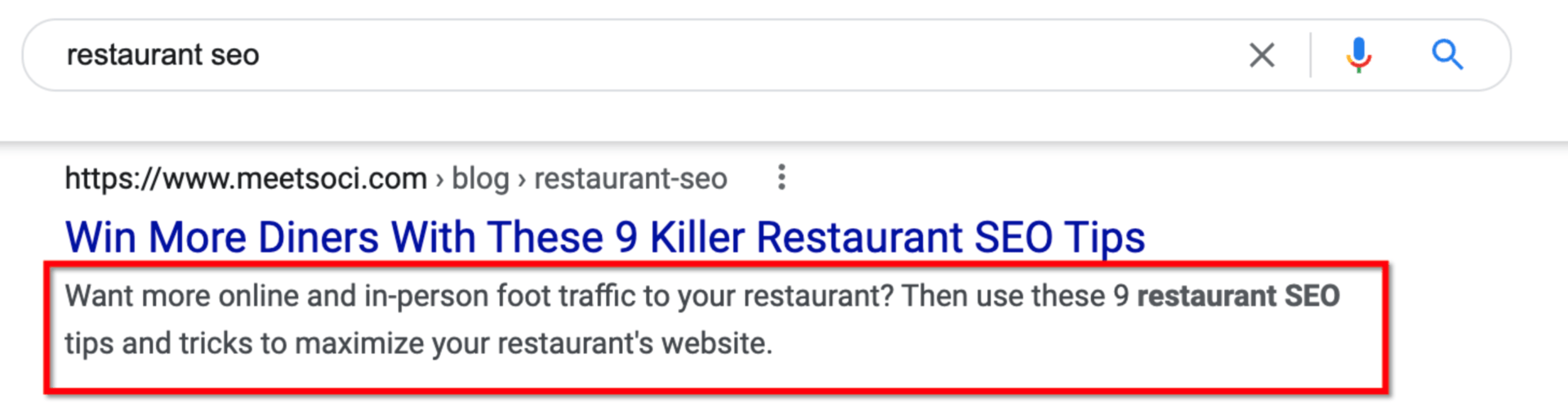 Screenshot of a Google search with a red box around the meta description below the title tag.