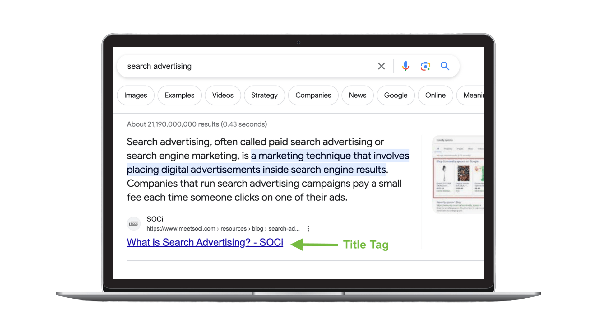 Search engine result with an arrow pointing to the title tag overlaid on a laptop