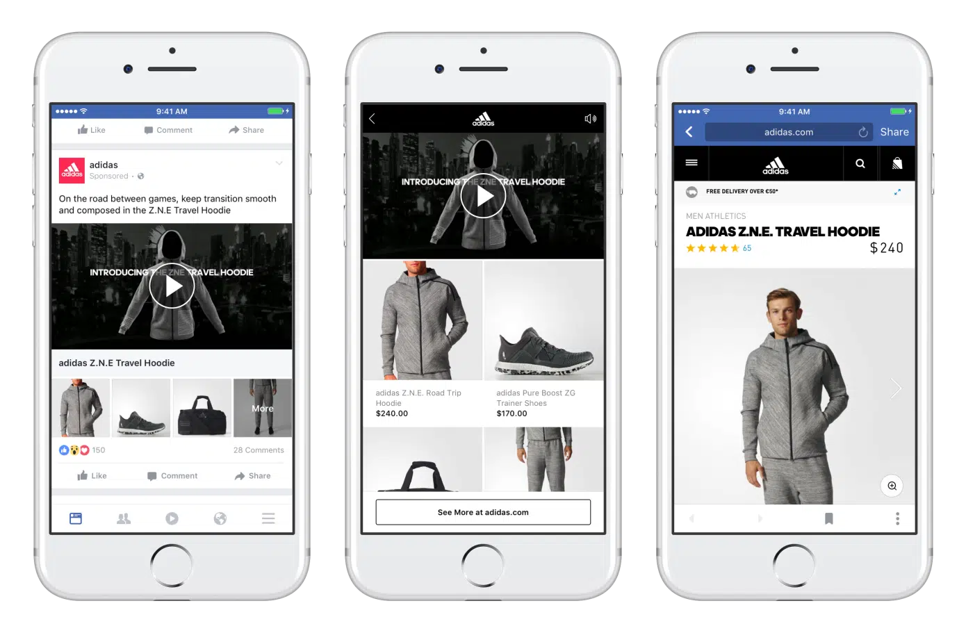 Three iphones showing a Facebook collections ad with Adidas
