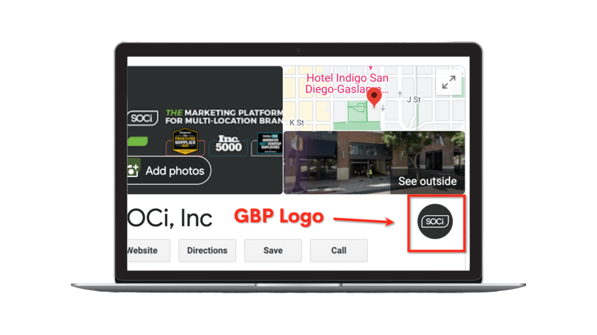 Image of SOCi’s Google Business Profile with a red box, text, and arrow highlighting the GBP Logo