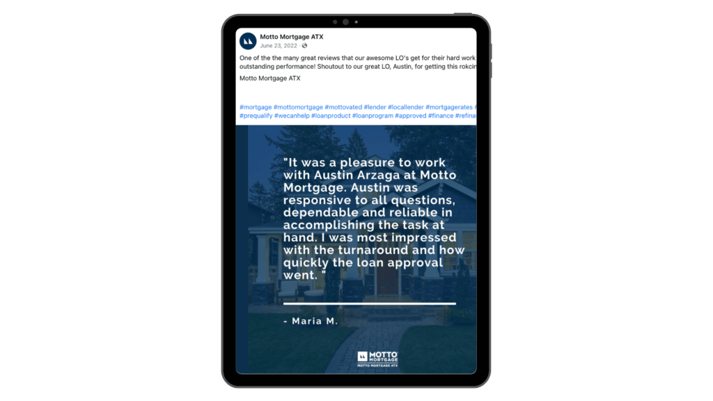 Social media post of an online review for Local Motto Mortgage overlaid on a vertical tablet.