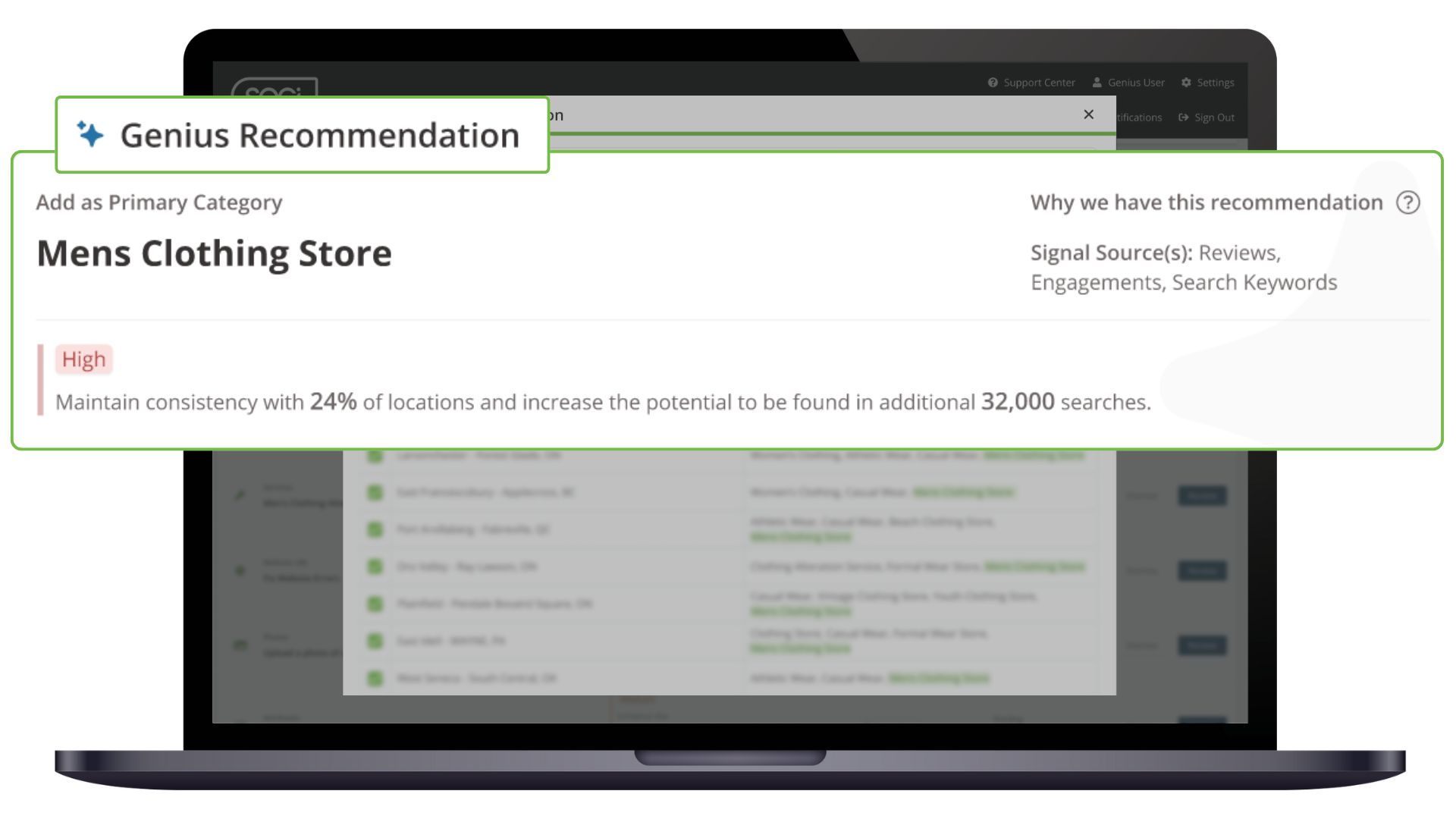 Genius Search platform showing Genius recommendations to add mens clothing store as a primary category to multiple local lisitngs.