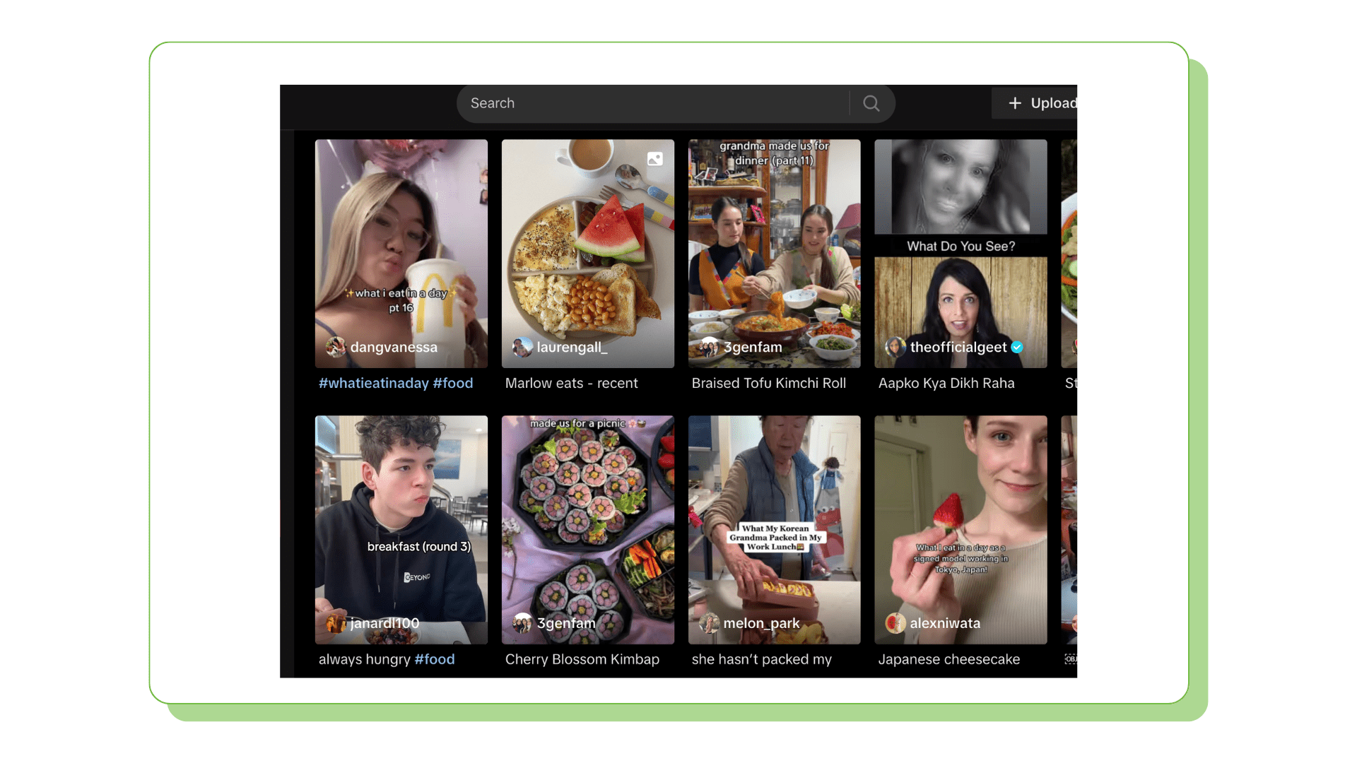 An image showing the results for "What I eat in a day" on TikTok