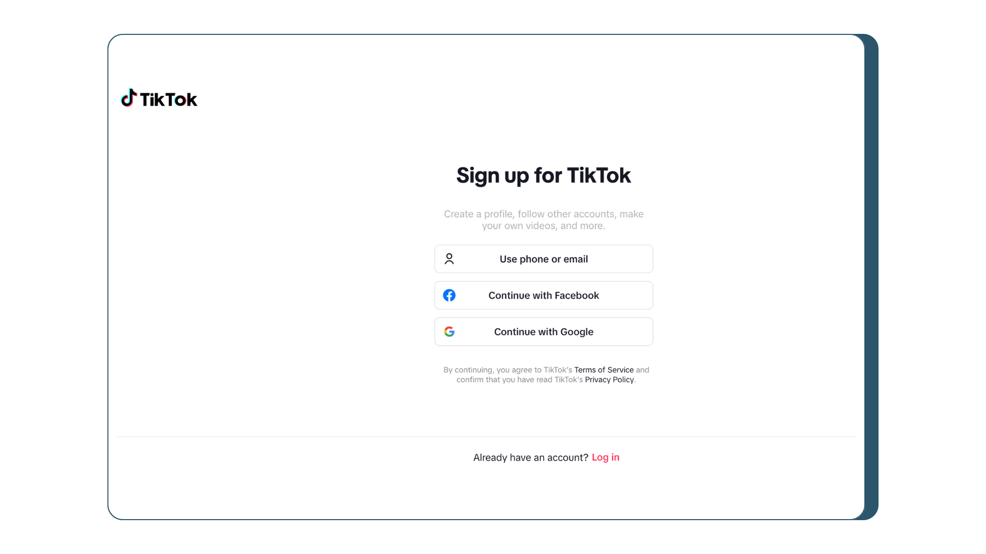 An image of the sign-up page of TikTok