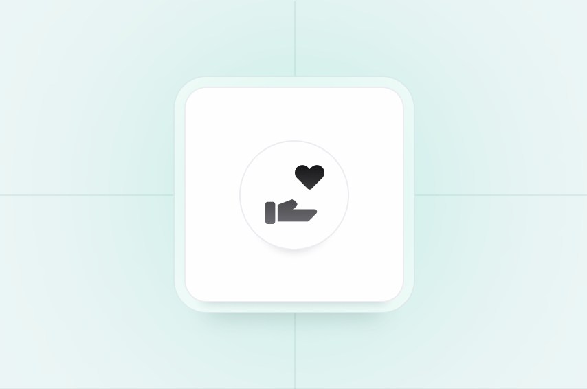 Icon of a hand holding a heart, centered on a light blue background with subtle grid lines.