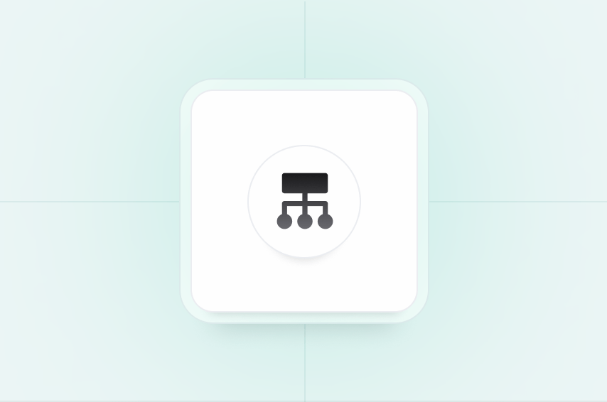 A black network hierarchy icon inside a rounded white square on a light teal background.