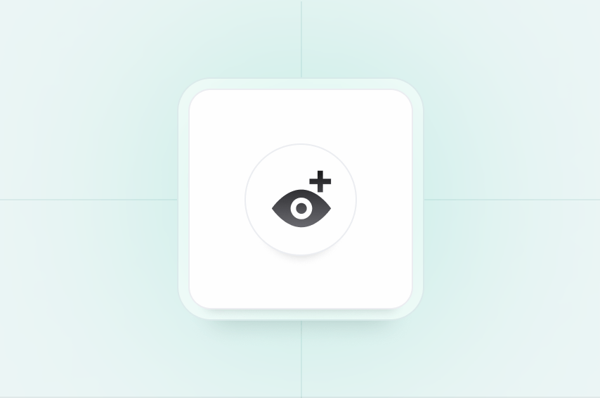 An eye icon with a plus sign on a white rounded square background.