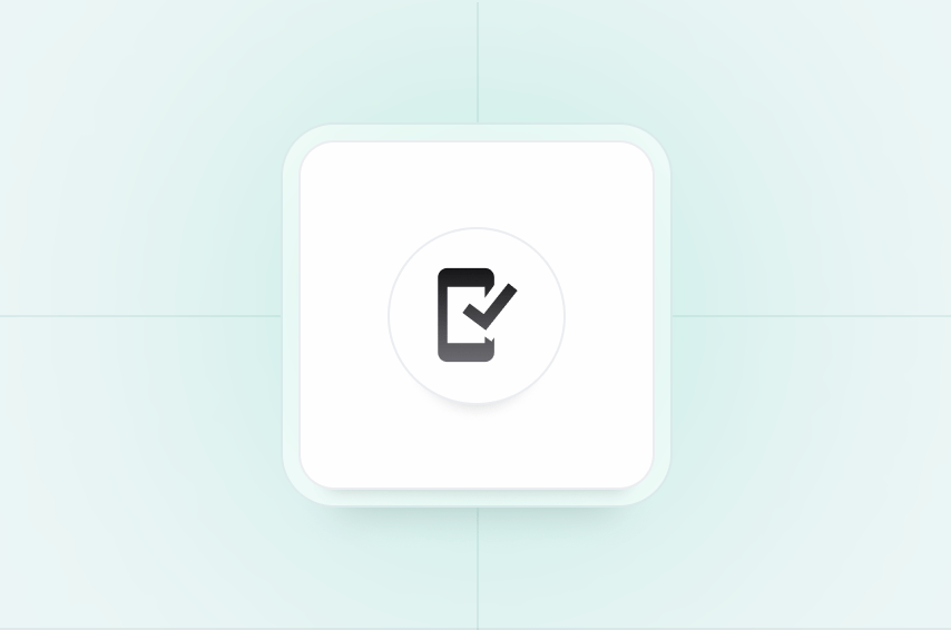 A checkmark inside a smartphone icon centered on a light, minimalist background.
