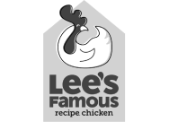 Logo with a chicken illustration above the text Lees Famous recipe chicken in bold and regular fonts.