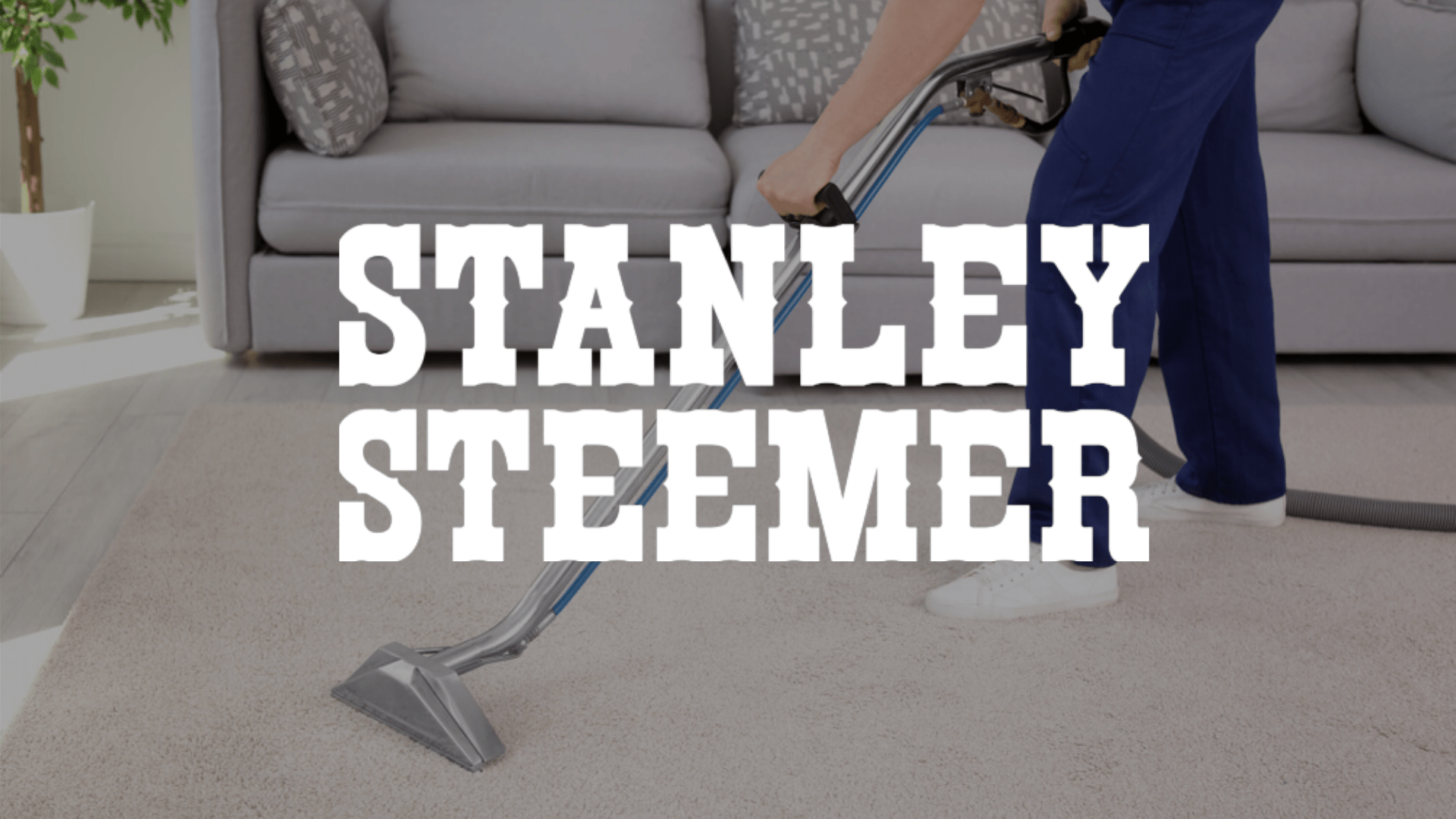 Person cleaning carpet with a vacuum in a living room, with Stanley Steemer text over the image.
