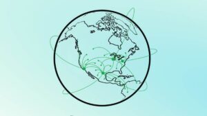 Line drawing of a globe with green curved lines connecting various locations across North America and the world.