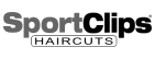Sport Clips Haircuts logo in black and white with bold and outlined text.
