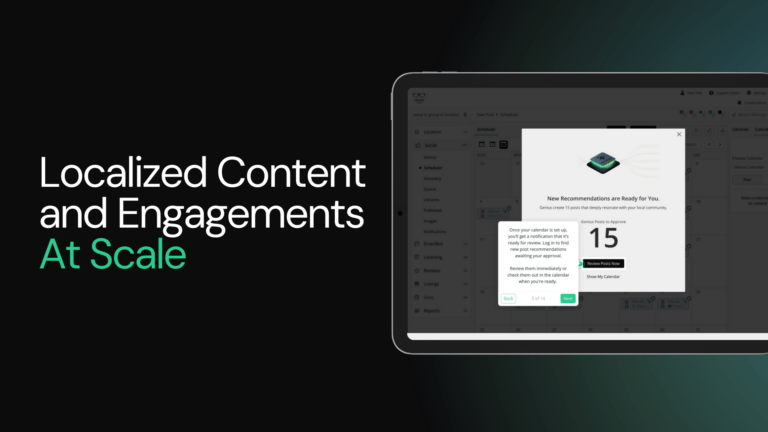 Text Localized Content and Engagements At Scale beside a tablet displaying a content recommendation popup.