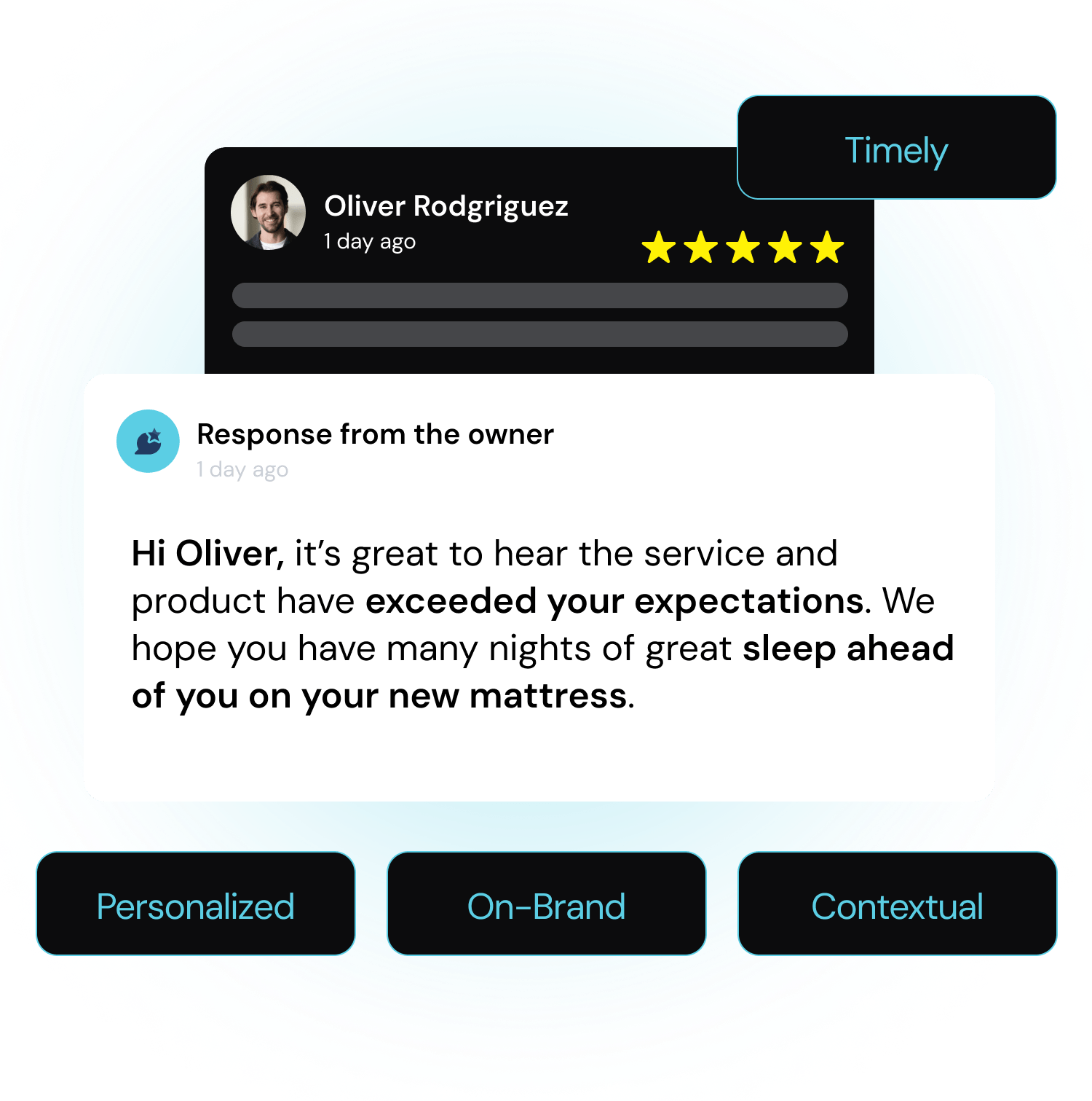 A positive five star review response from a franchise owner to a customer.