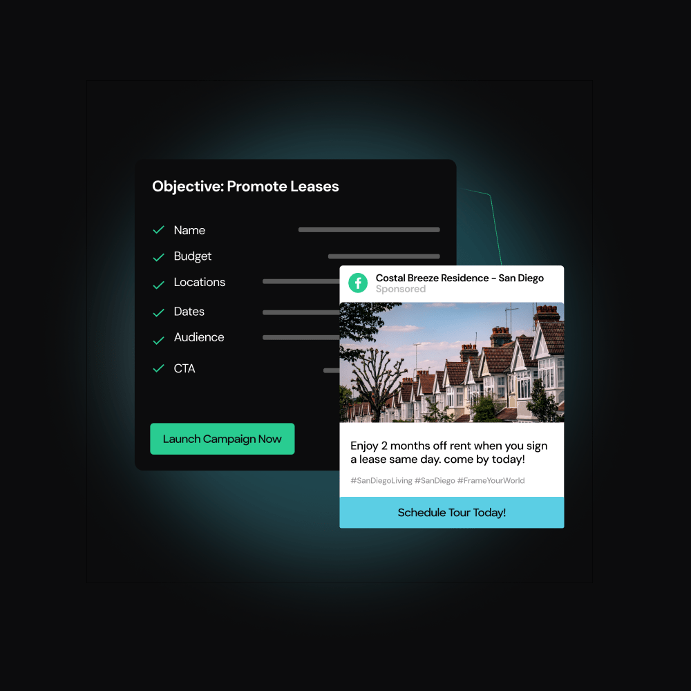 A digital ad campaign interface shows objectives checklist and a property ad for Coastal Breeze Residence.
