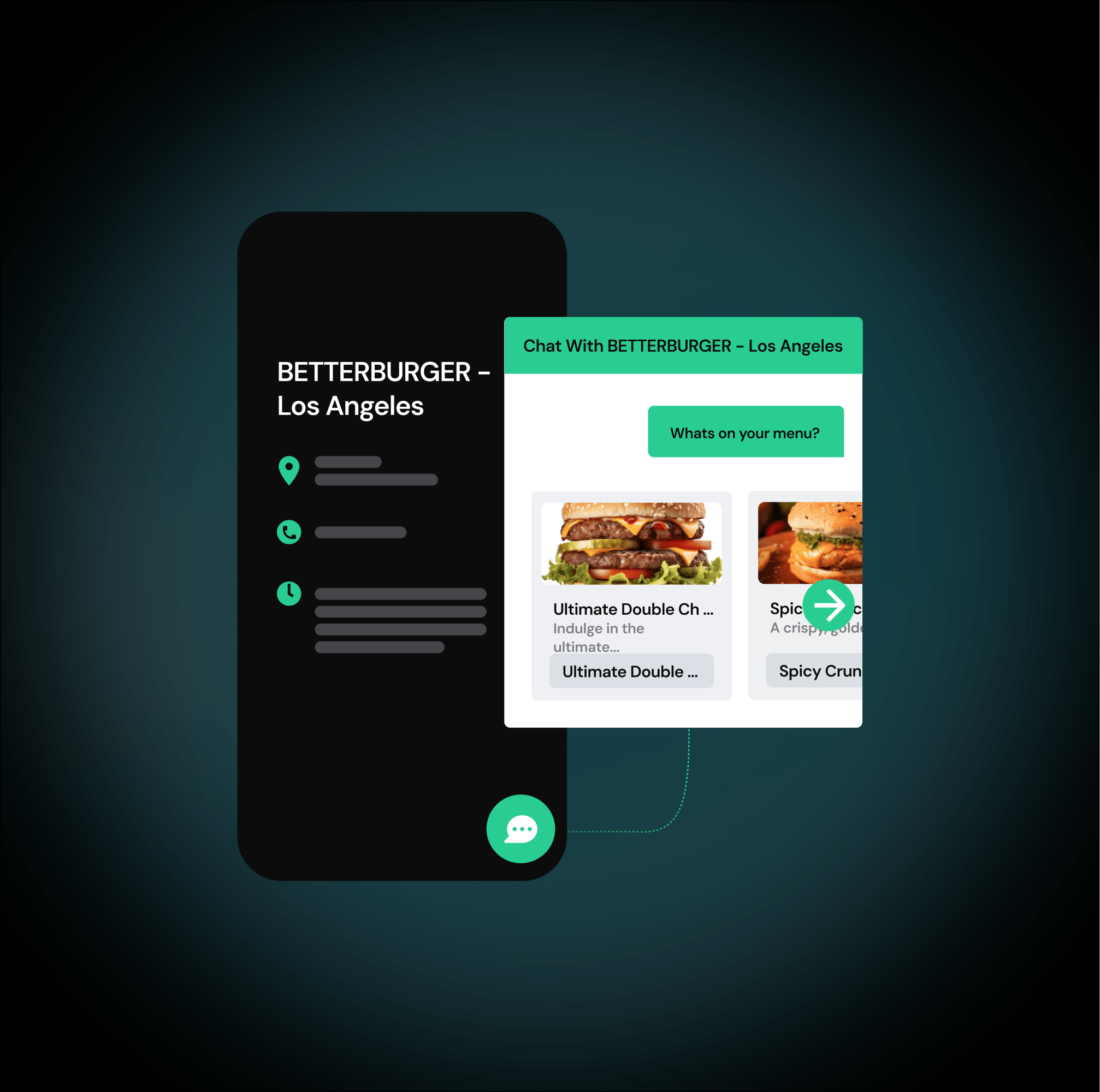 Chat interface for BETTERBURGER Los Angeles showing menu items and a messaging window on a dark background.