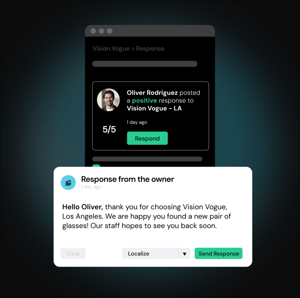 A customer review and owner’s response for Vision Vogue, an eyeglass store, displayed on a dark interface.