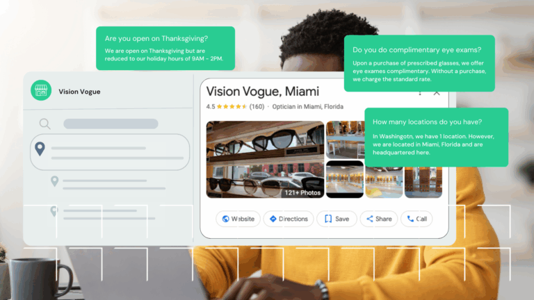 A person using a laptop with a Google Business Profile for “Vision Vogue, Miami” on screen, showing customer Q&A examples like holiday hours, complimentary eye exams, and location details.