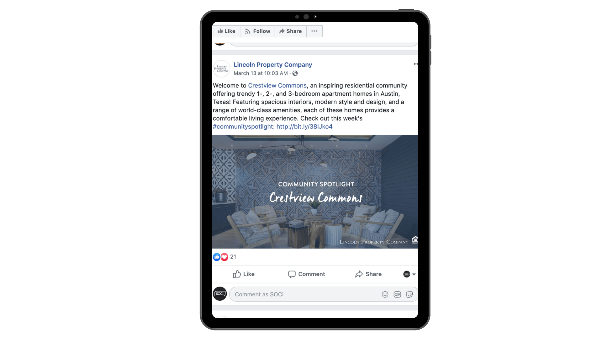 Tablet displaying a Facebook post featuring a modern lounge area with the text Community Spotlight: Crestview Commons.