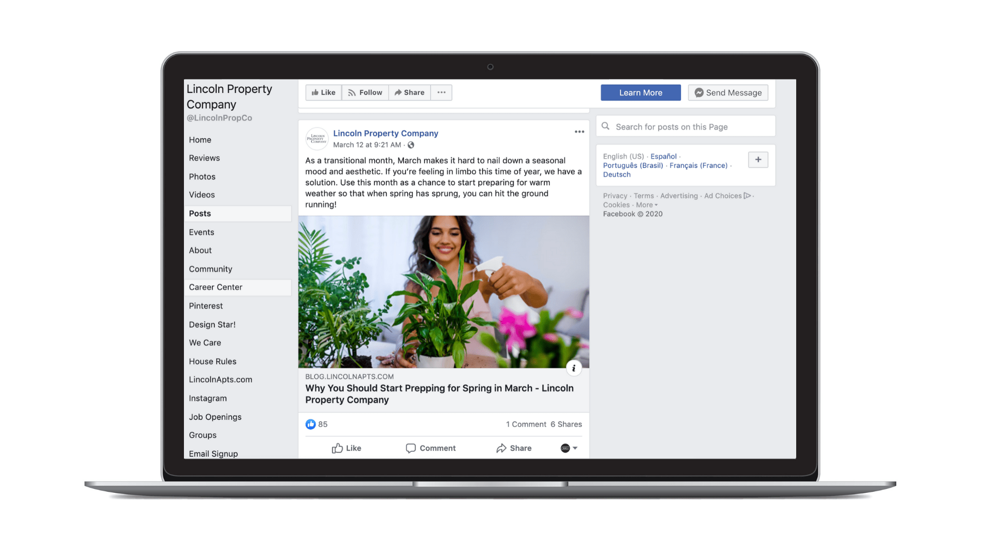 A woman smiling while tending to houseplants, shown on a Facebook post about prepping for spring.
