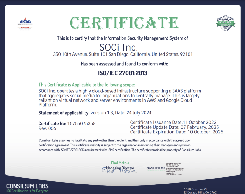 Certificate for SOCi Inc. confirming ISO/IEC 27001:2013 compliance.