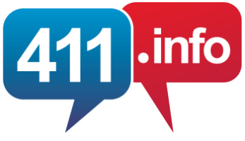 Two speech bubbles: one blue with 411 and one red with .info, overlapping each other.