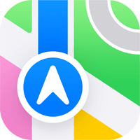 Apple Maps app icon with a blue navigation arrow over a colorful, abstract map background.