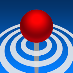 A red map pin stands at the center of blue and white concentric circles on a gradient blue background.