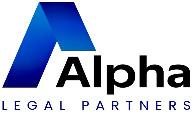 Logo with a blue A shape above the words Alpha Legal Partners in black and blue text.