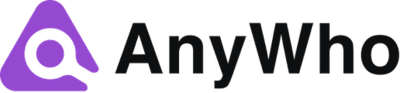 AnyWho logo with a purple triangle and circle icon next to the black text AnyWho on a light background.